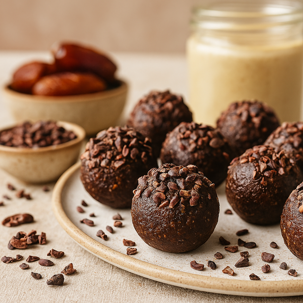 Raw cacao energy balls rolled in crunchy cacao nibs on a ceramic plate, with dates, cacao nibs and nut butter in soft, warm kitchen light.